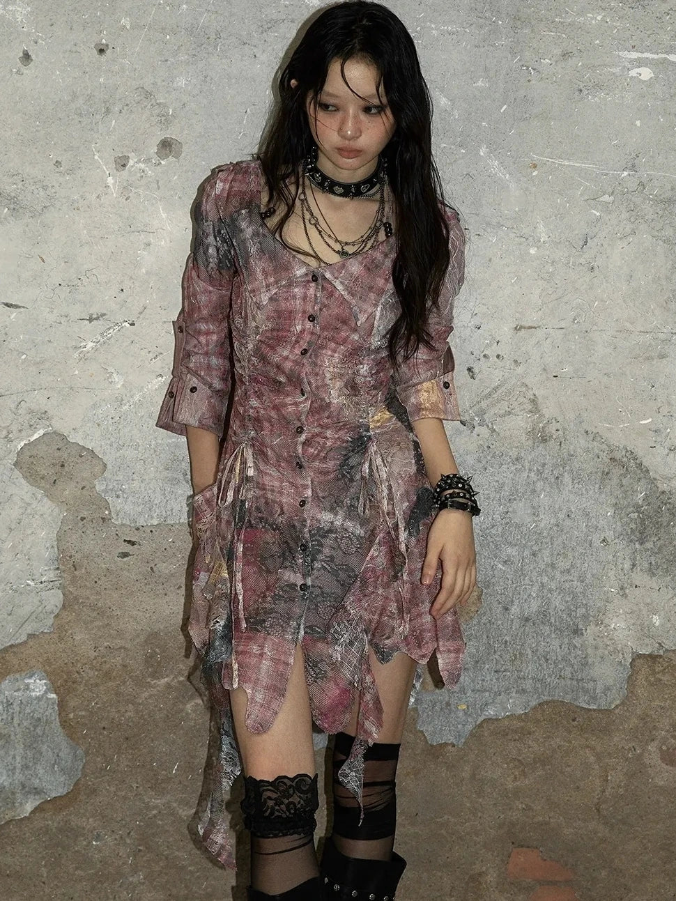 NO ROMANCE Pink Tie Dye Retro Shirt Dress Patchwork Natural Waist Button Mini Dresses