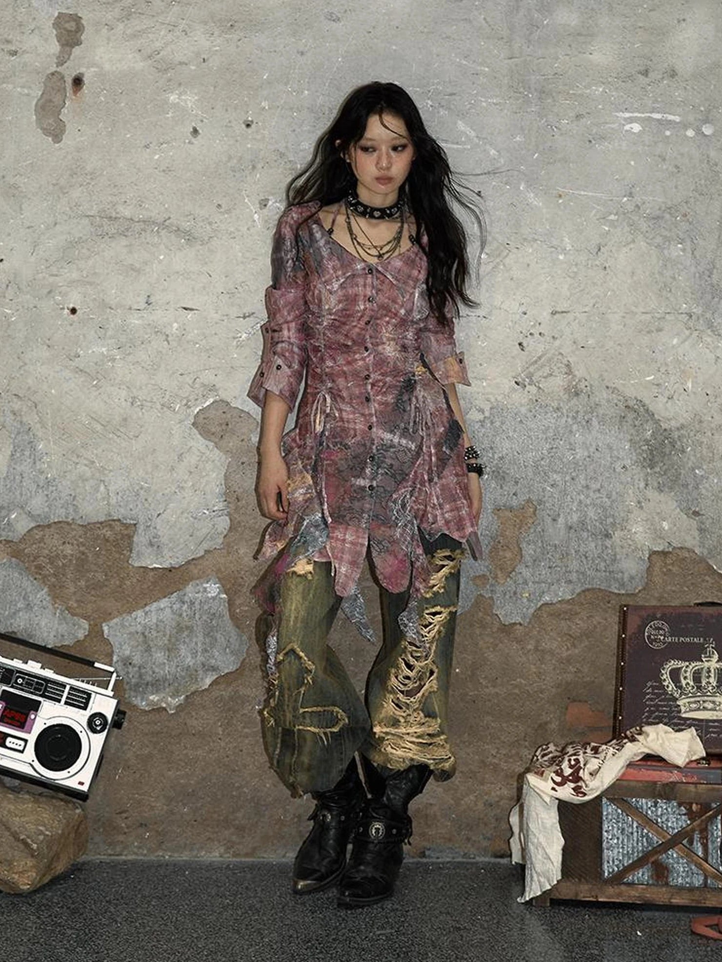 NO ROMANCE Pink Tie Dye Retro Shirt Dress Patchwork Natural Waist Button Mini Dresses