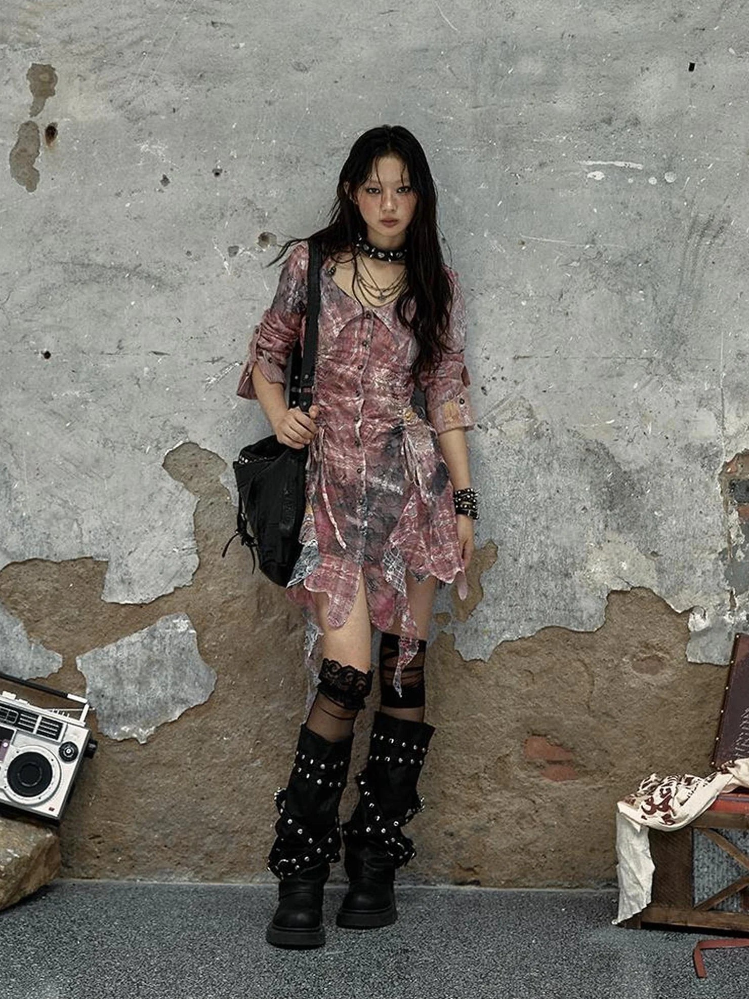 NO ROMANCE Pink Tie Dye Retro Shirt Dress Patchwork Natural Waist Button Mini Dresses