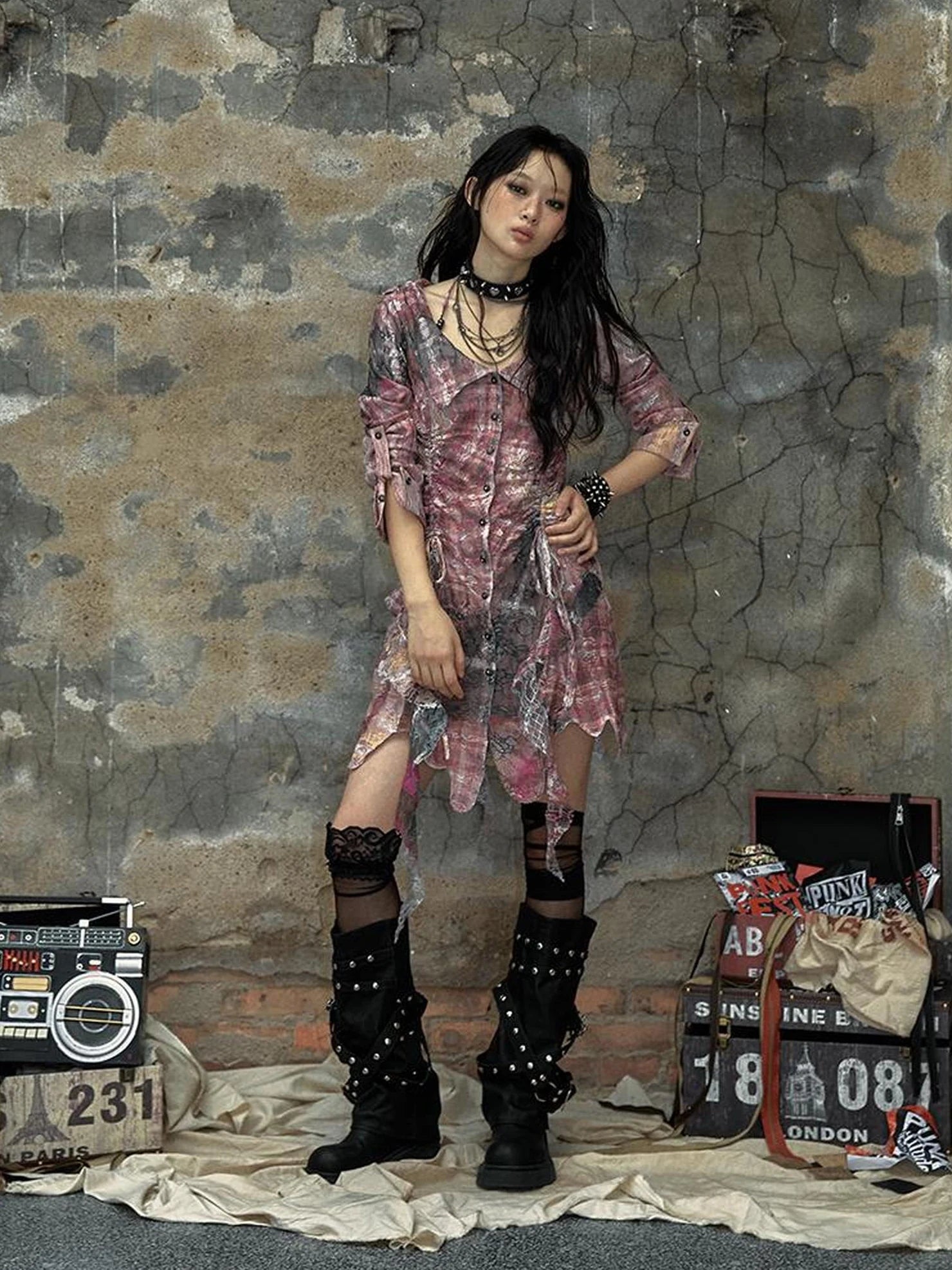 NO ROMANCE Pink Tie Dye Retro Shirt Dress Patchwork Natural Waist Button Mini Dresses