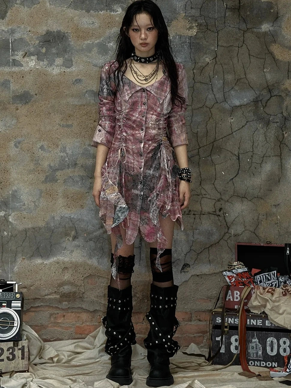 NO ROMANCE Pink Tie Dye Retro Shirt Dress Patchwork Natural Waist Button Mini Dresses