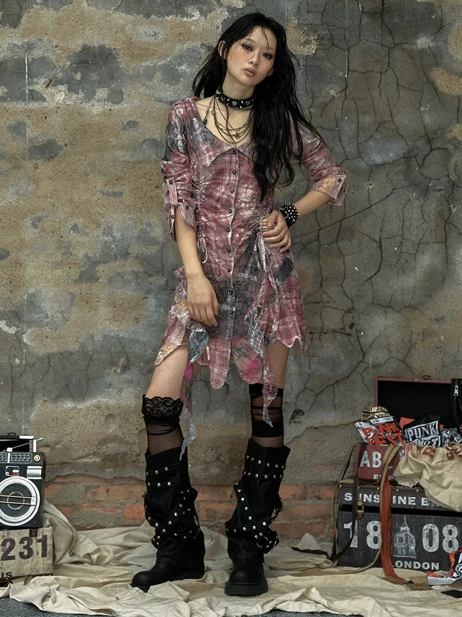 NO ROMANCE Pink Tie Dye Retro Shirt Dress Patchwork Natural Waist Button Mini Dresses