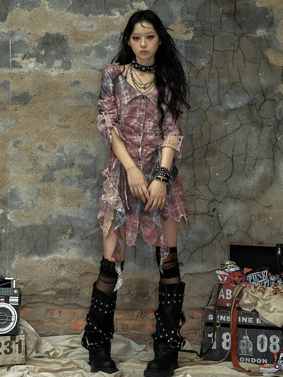 NO ROMANCE Pink Tie Dye Retro Shirt Dress Patchwork Natural Waist Button Mini Dresses