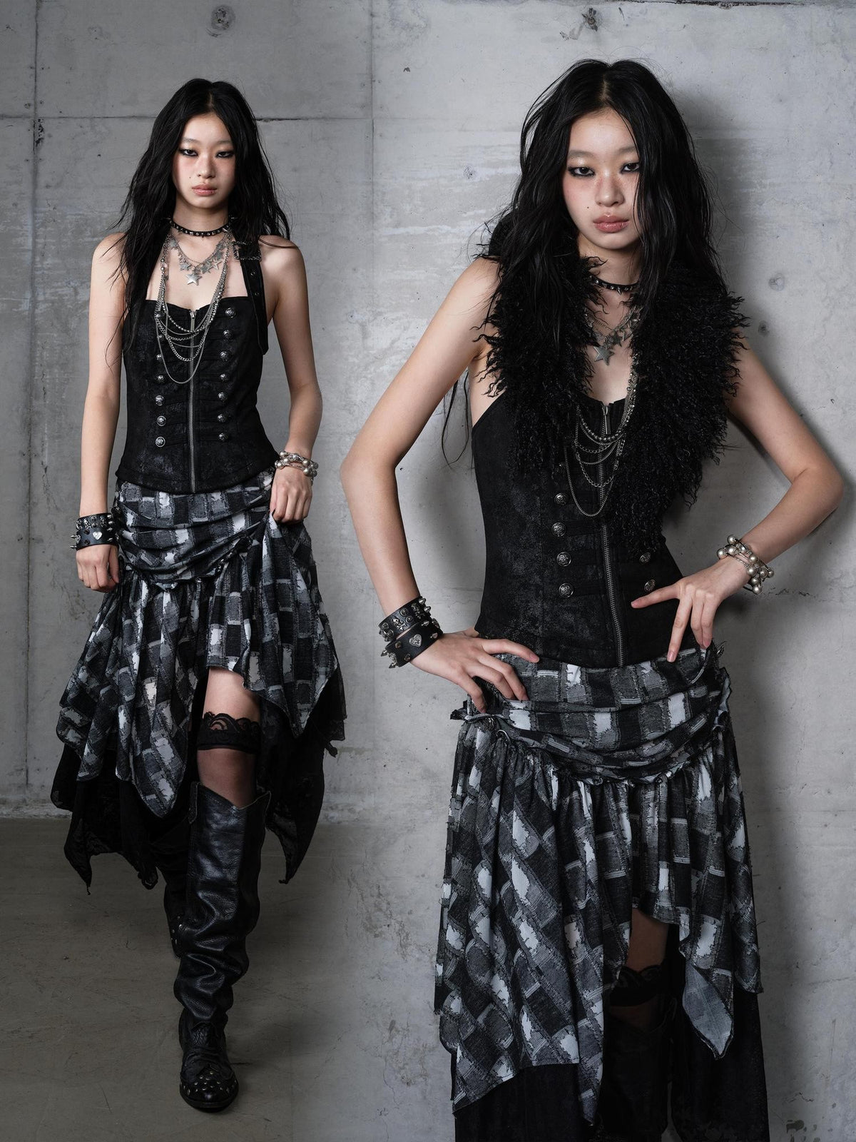 NO ROMANCE Plaid Velvet Irregular Court Style Women&