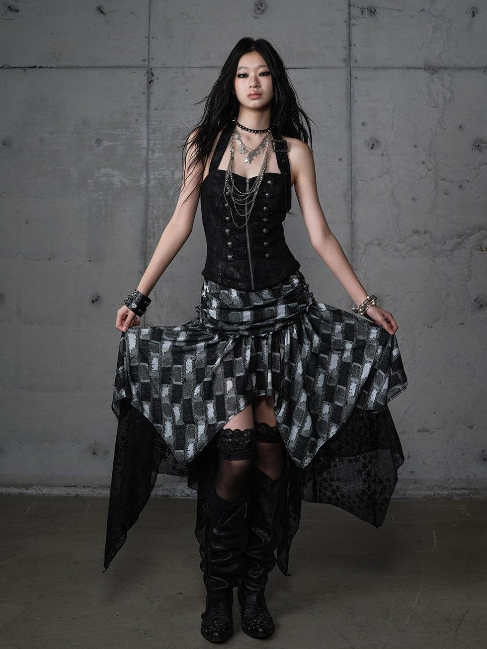 NO ROMANCE Plaid Velvet Irregular Court Style Women&