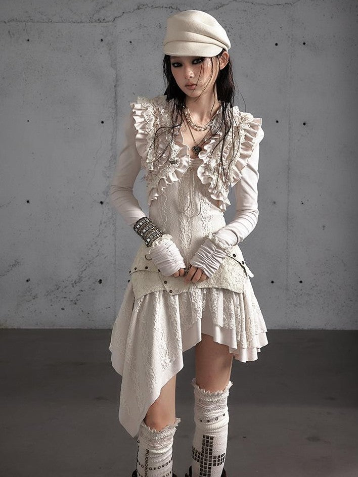NO ROMANCE Printed Lace Trim Asymmetric Women&