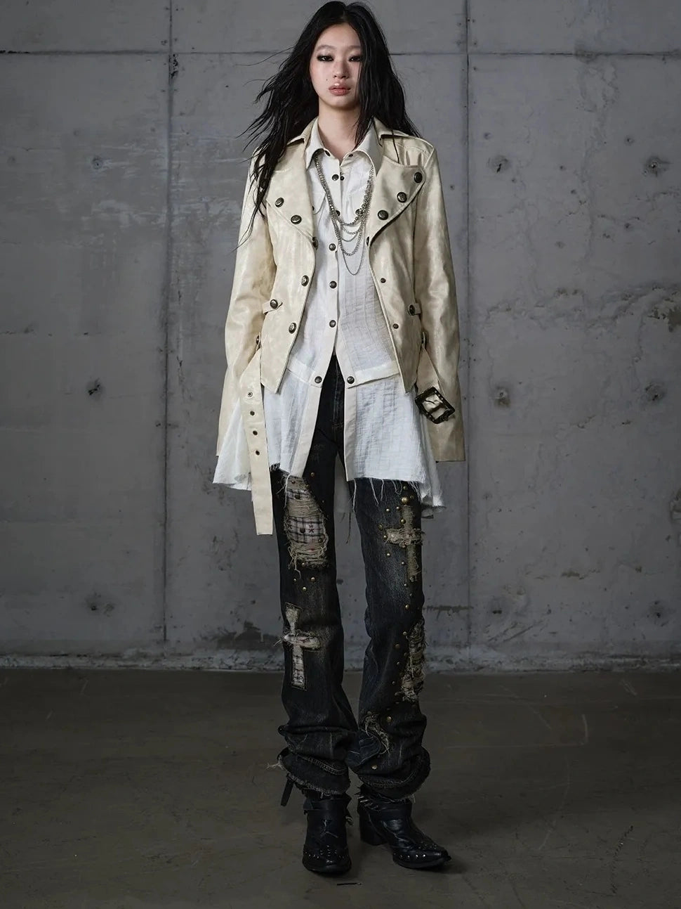 NO ROMANCE Printed Zip Up Loose Fit Crew Neck Long Sleeve Women Commuter Khaki Jacket