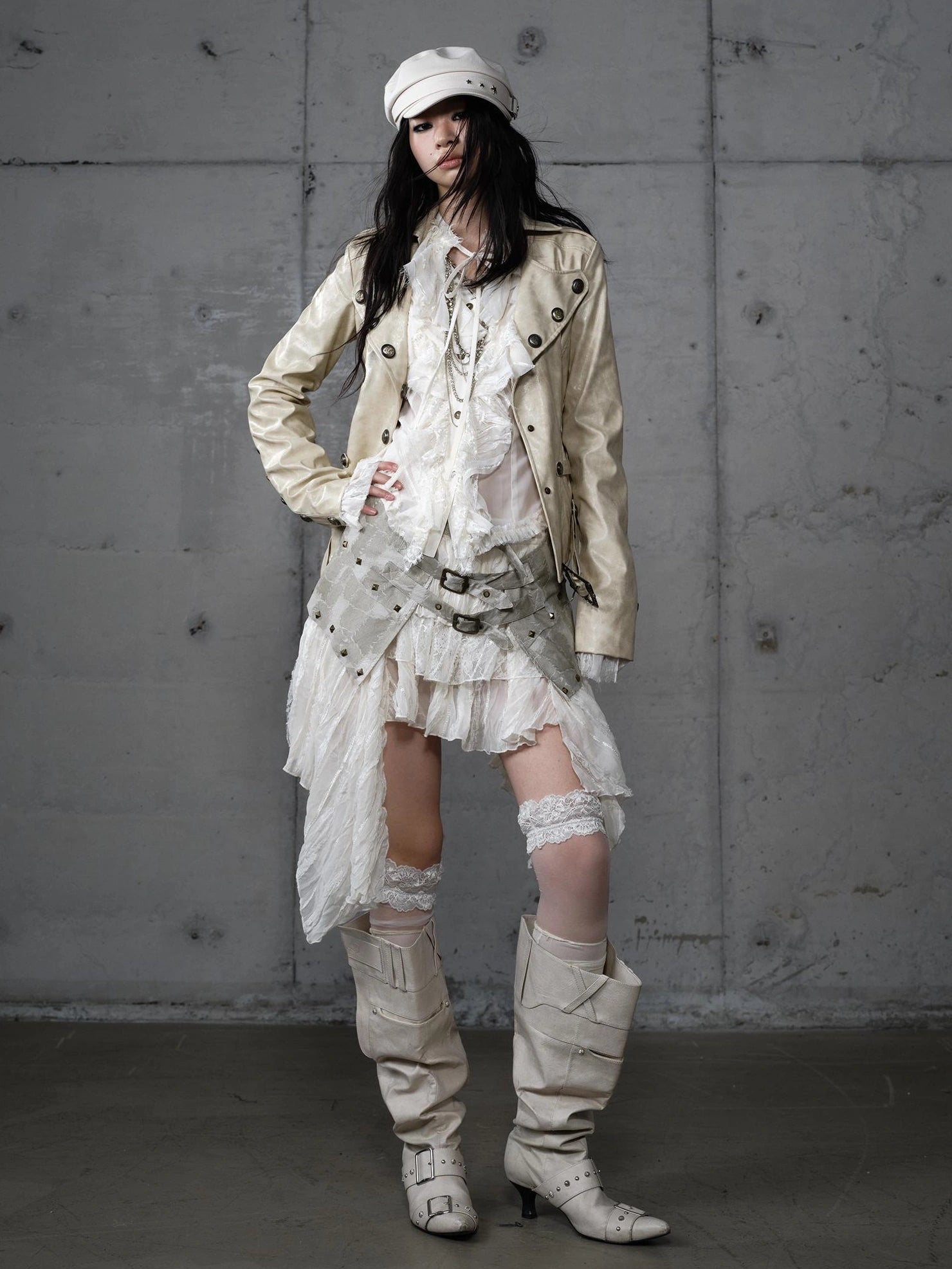 NO ROMANCE Printed Zip Up Loose Fit Crew Neck Long Sleeve Women Commuter Khaki Jacket