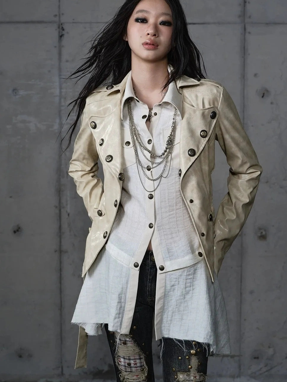 NO ROMANCE Printed Zip Up Loose Fit Crew Neck Long Sleeve Women Commuter Khaki Jacket