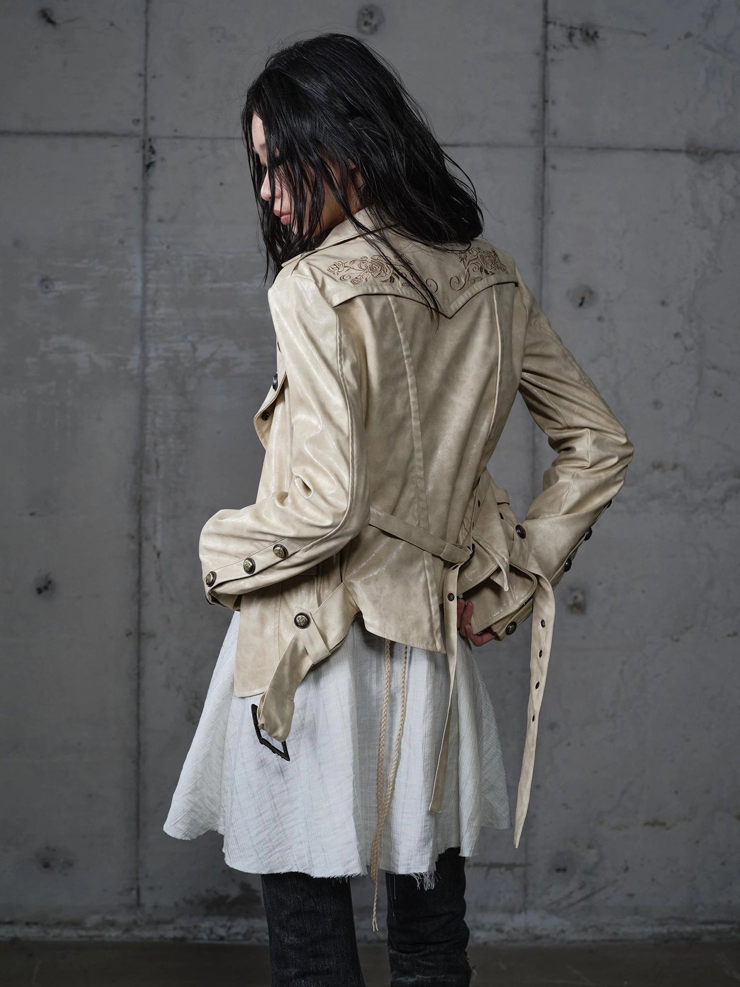 NO ROMANCE Printed Zip Up Loose Fit Crew Neck Long Sleeve Women Commuter Khaki Jacket