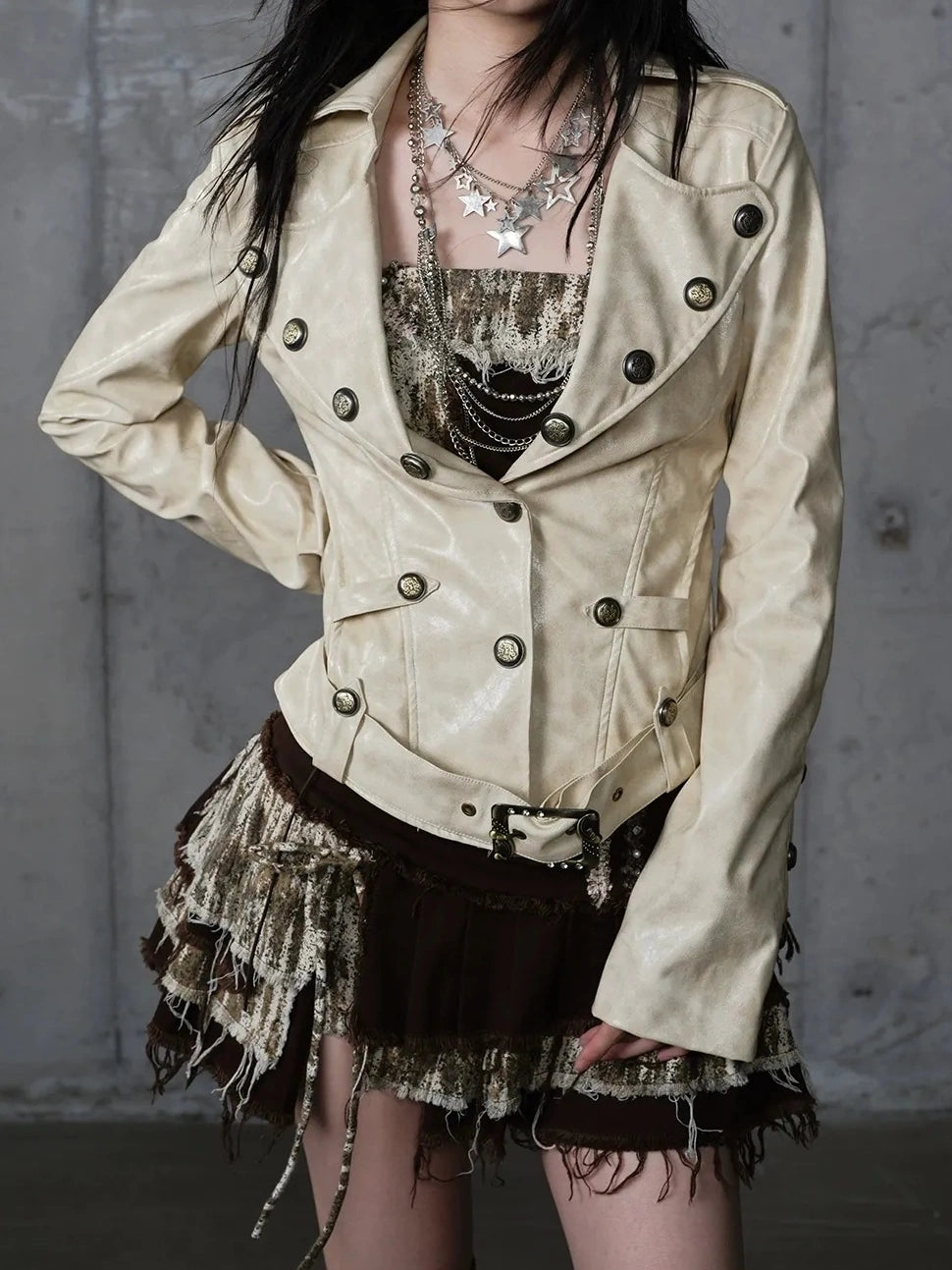 NO ROMANCE Printed Zip Up Loose Fit Crew Neck Long Sleeve Women Commuter Khaki Jacket