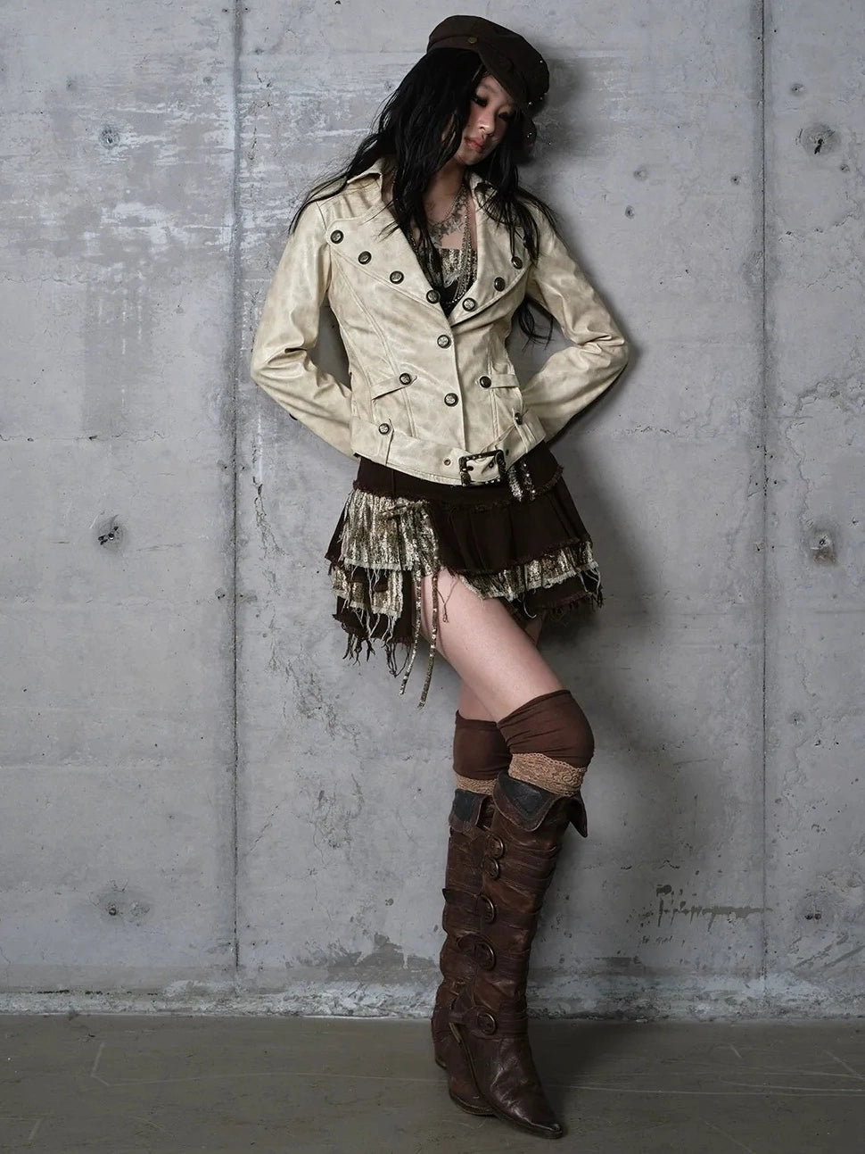 NO ROMANCE Printed Zip Up Loose Fit Crew Neck Long Sleeve Women Commuter Khaki Jacket