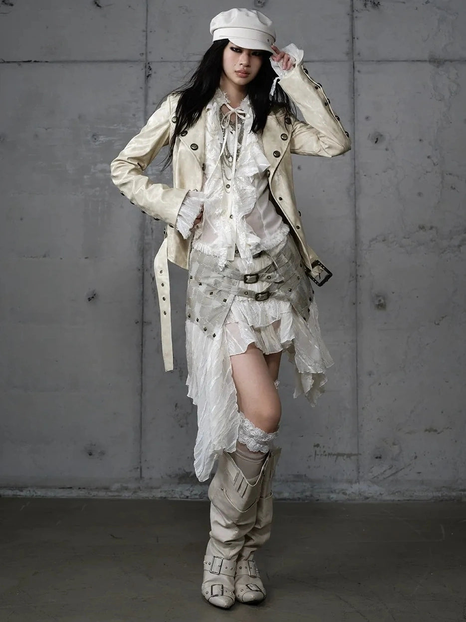 NO ROMANCE Printed Zip Up Loose Fit Crew Neck Long Sleeve Women Commuter Khaki Jacket