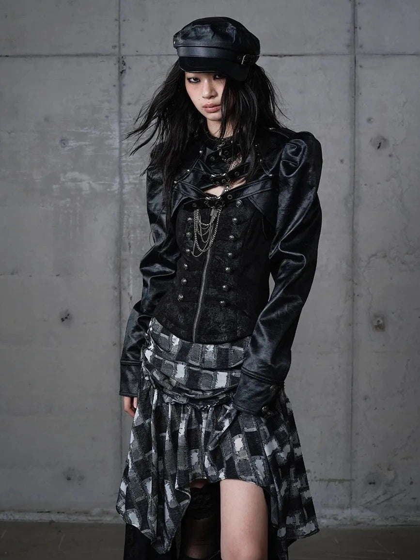 NO ROMANCE Pu Leather Cropped Punk Style Stand Collar Snap Button Women Moto Jacket