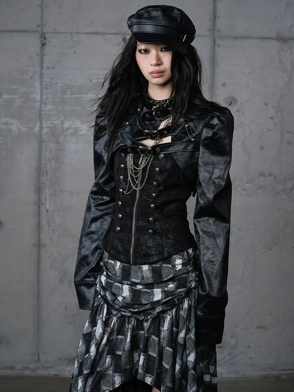 NO ROMANCE Pu Leather Cropped Punk Style Stand Collar Snap Button Women Moto Jacket