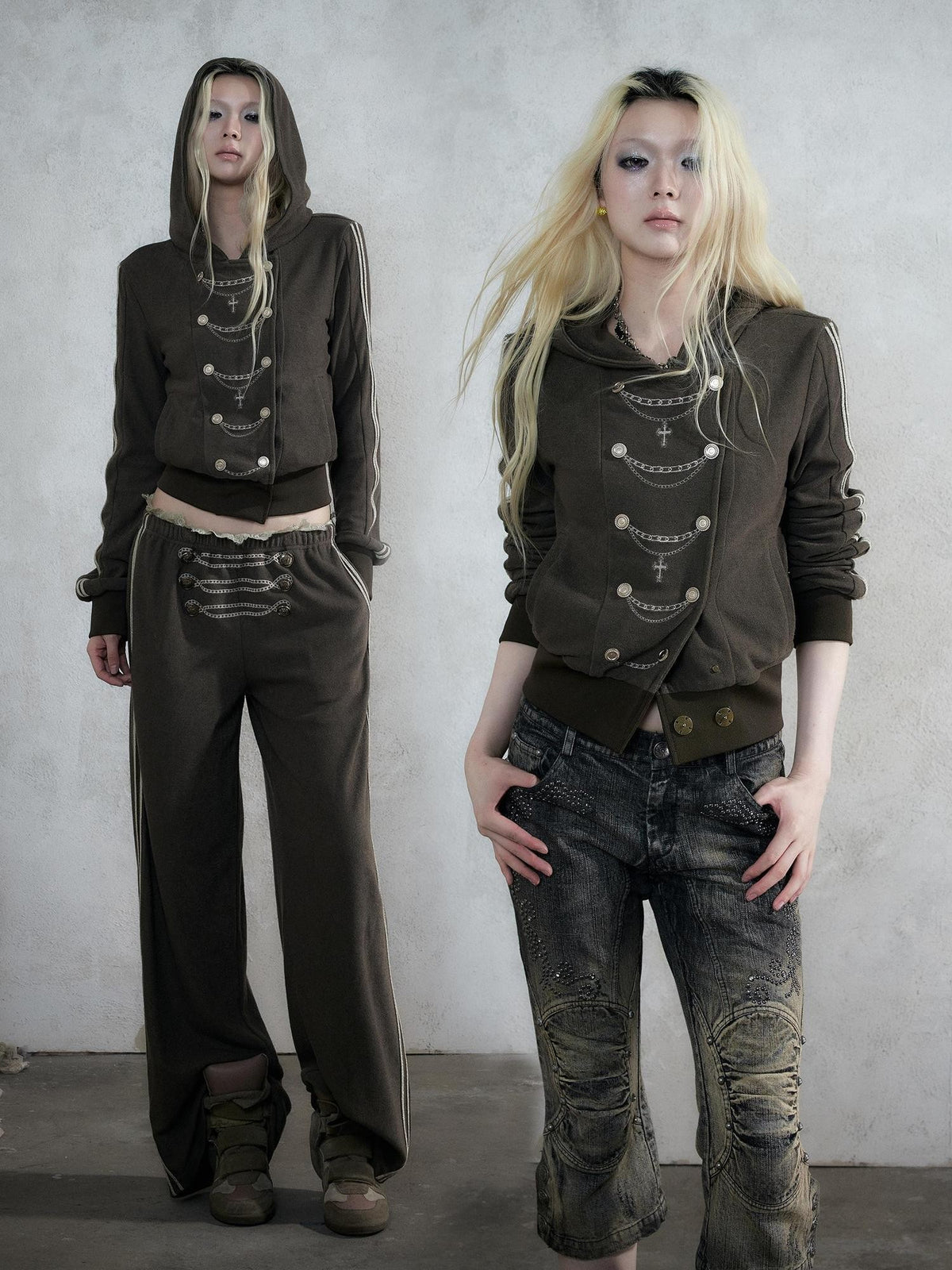 NO ROMANCE Punk Embroidered Double Breasted Hooded Women&