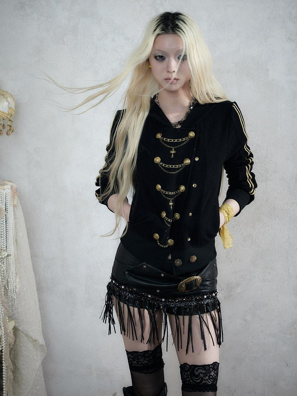 NO ROMANCE Punk Embroidered Double Breasted Hooded Women&