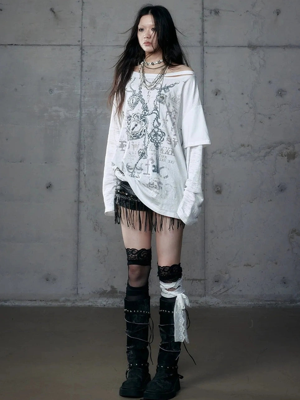 Punk Graphic Print Loose Fit Off Shoulder Long Sleeve Women T-Shirt