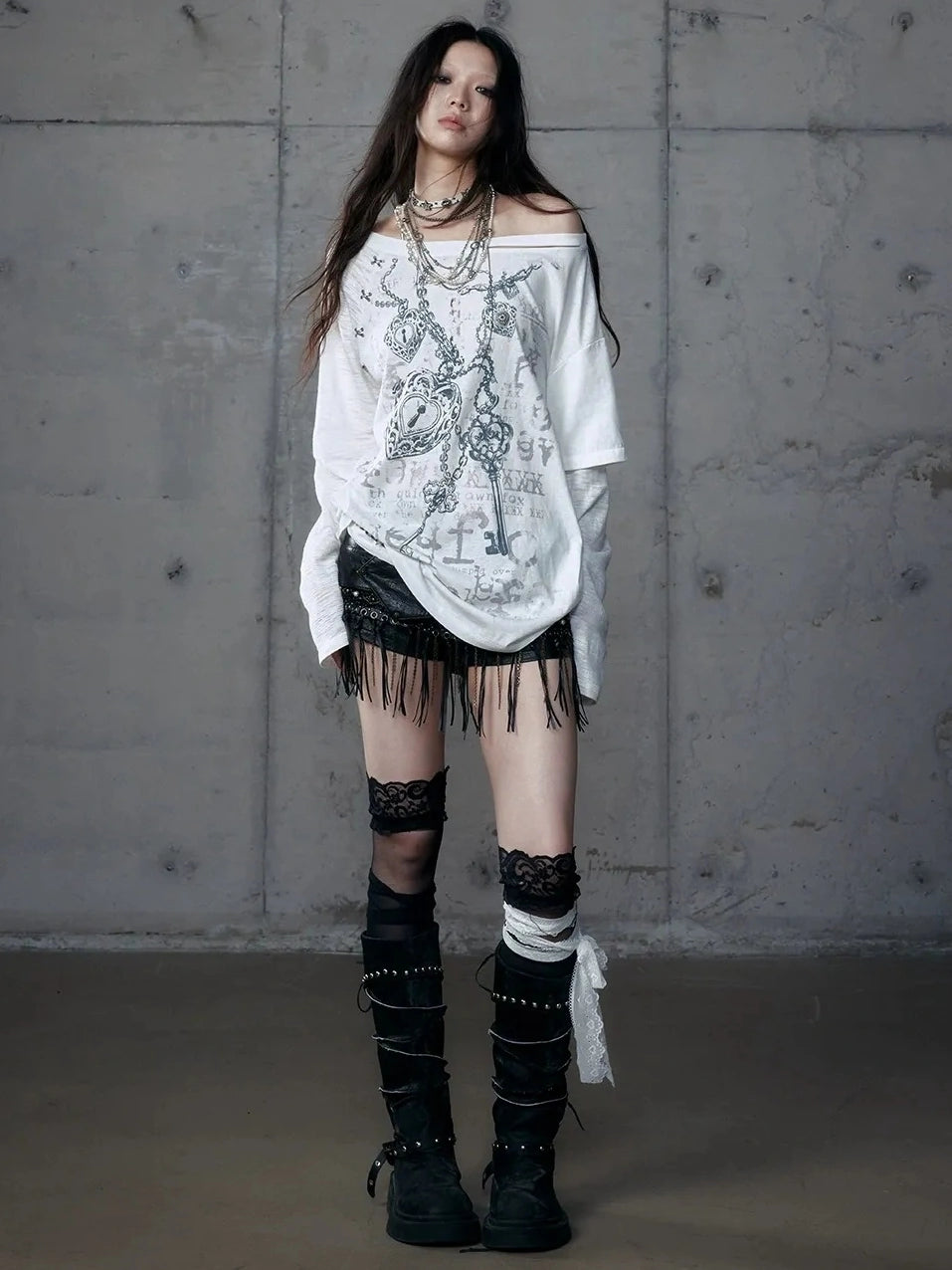 Punk Graphic Print Loose Fit Off Shoulder Long Sleeve Women T-Shirt