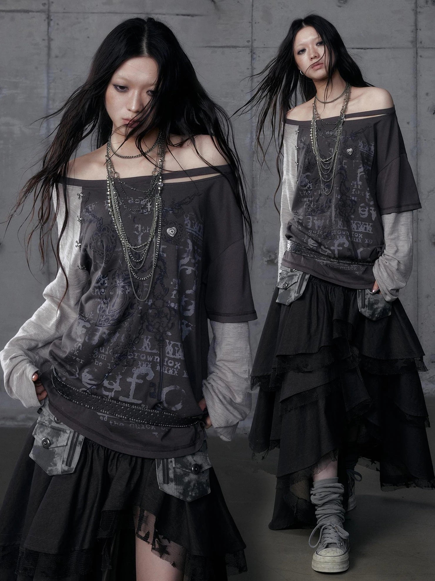 Punk Graphic Print Loose Fit Off Shoulder Long Sleeve Women T-Shirt