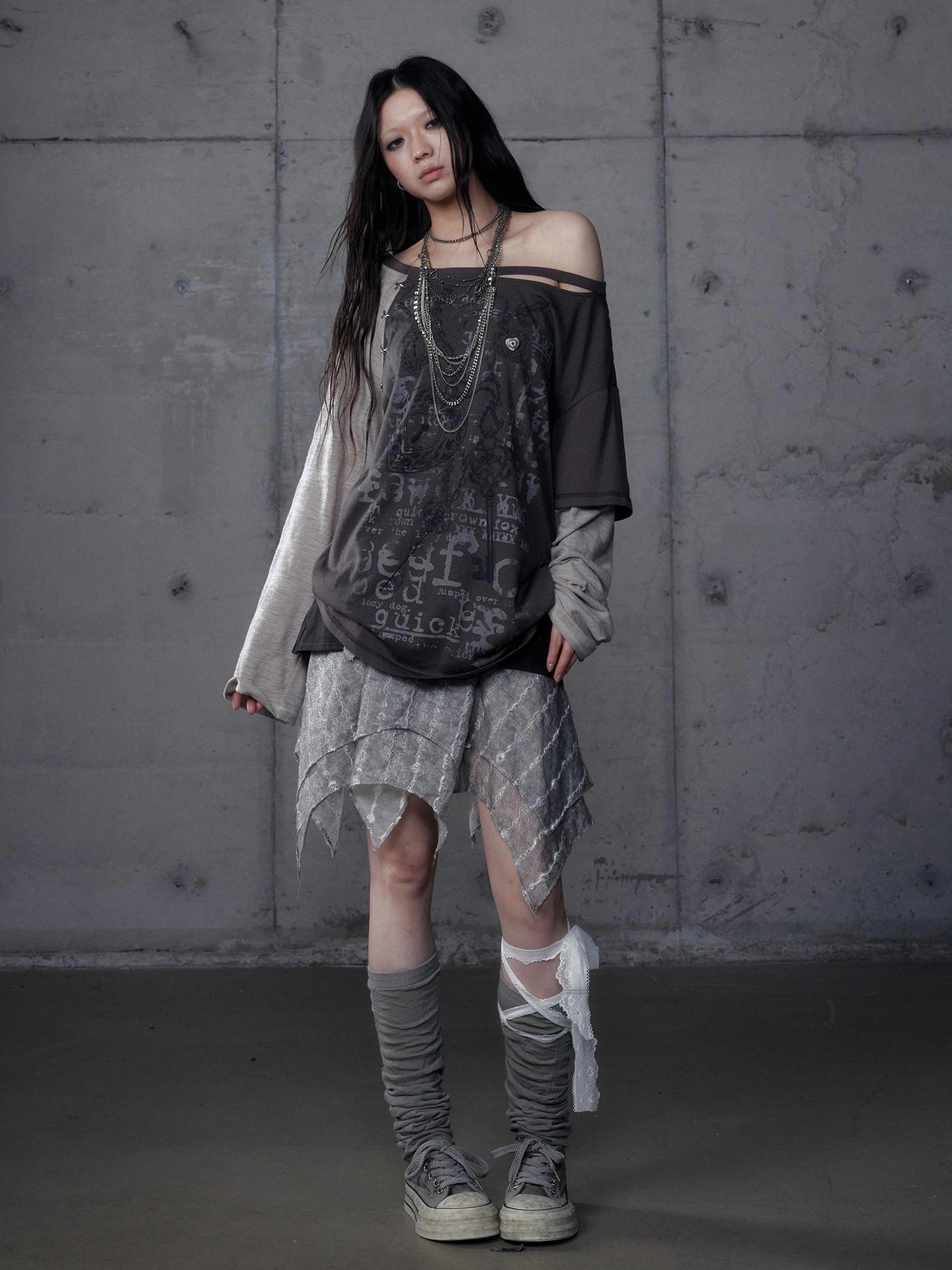 Punk Graphic Print Loose Fit Off Shoulder Long Sleeve Women T-Shirt