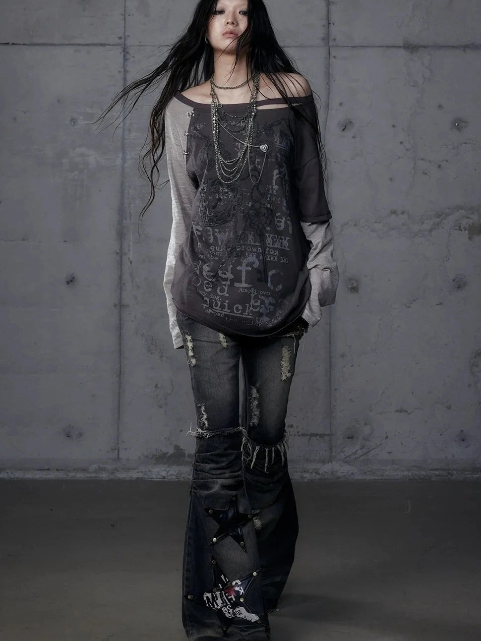 Punk Graphic Print Loose Fit Off Shoulder Long Sleeve Women T-Shirt