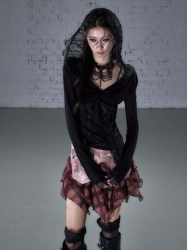 NO ROMANCE Punk Lace Twist Knot One Shoulder Hooded Women&