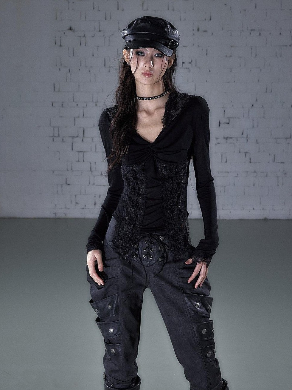 NO ROMANCE Punk Lace Twist Knot One Shoulder Hooded Women&