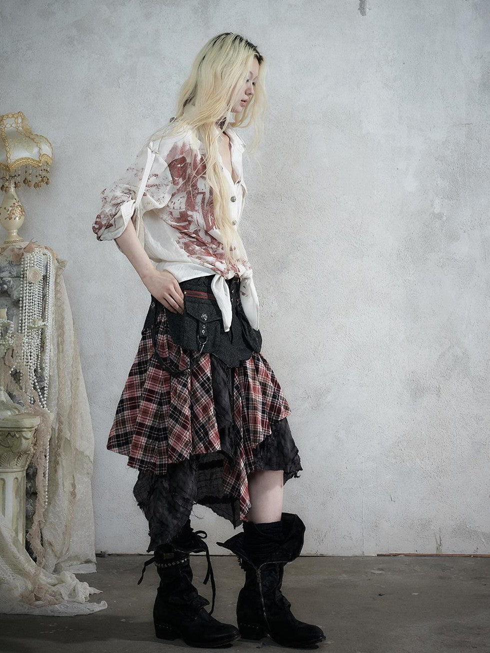 NO ROMANCE Punk Plaid Spliced Raw Hem Asymmetric High Waist Women&