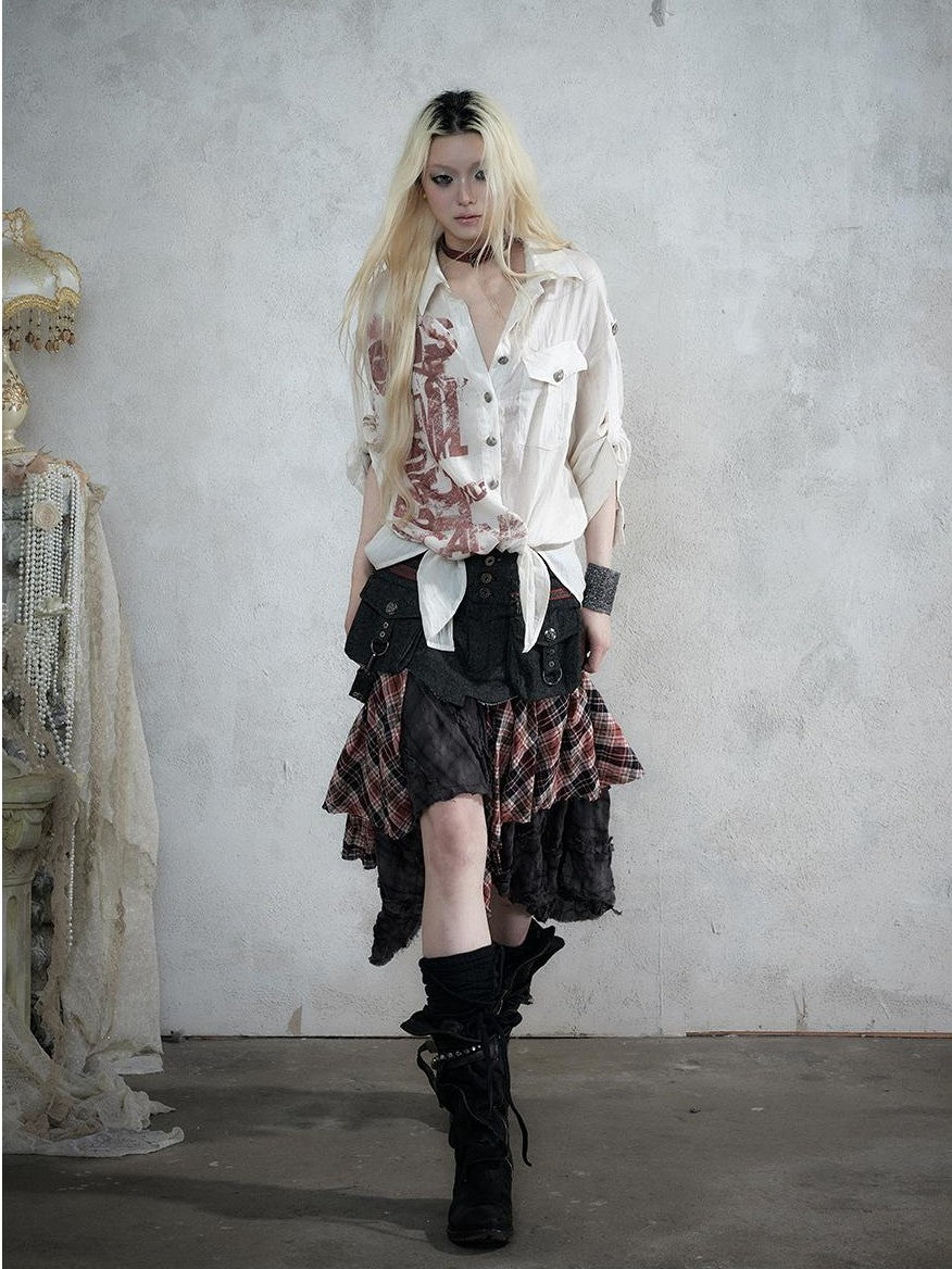 NO ROMANCE Punk Plaid Spliced Raw Hem Asymmetric High Waist Women&
