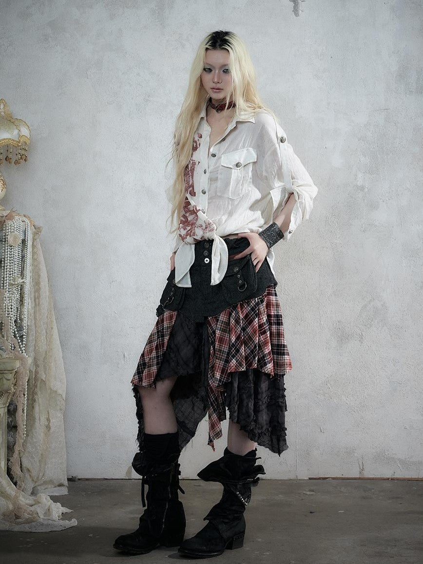 NO ROMANCE Punk Plaid Spliced Raw Hem Asymmetric High Waist Women&