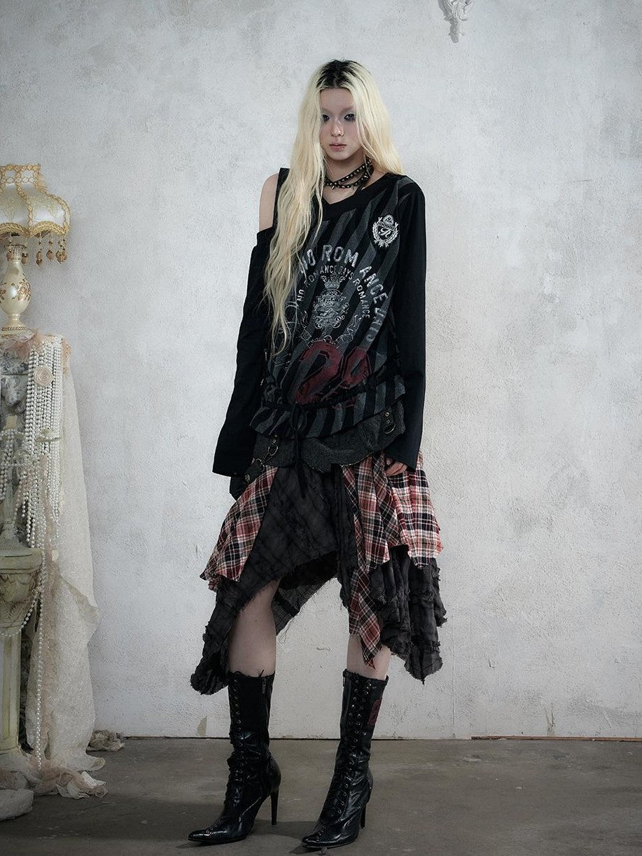 NO ROMANCE Punk Plaid Spliced Raw Hem Asymmetric High Waist Women&