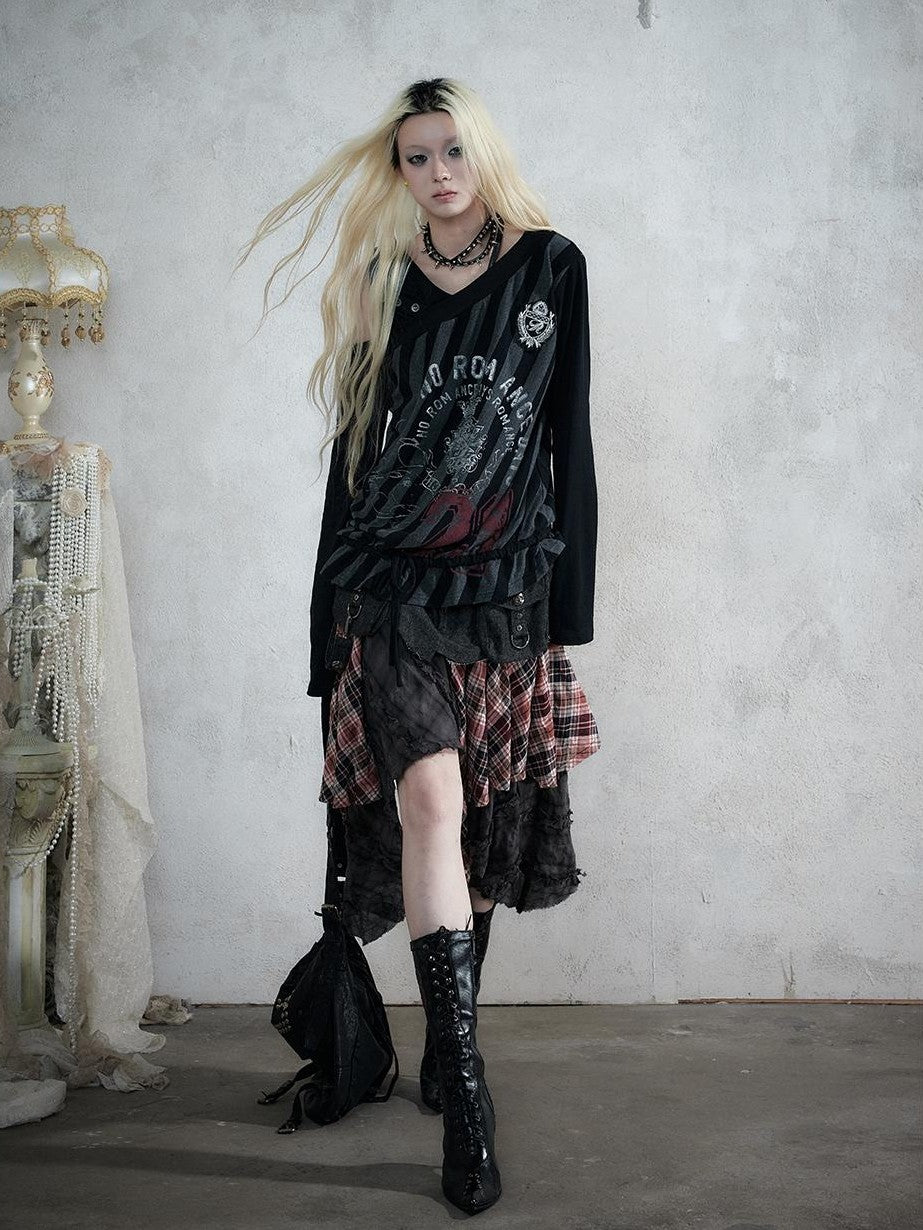 NO ROMANCE Punk Plaid Spliced Raw Hem Asymmetric High Waist Women&