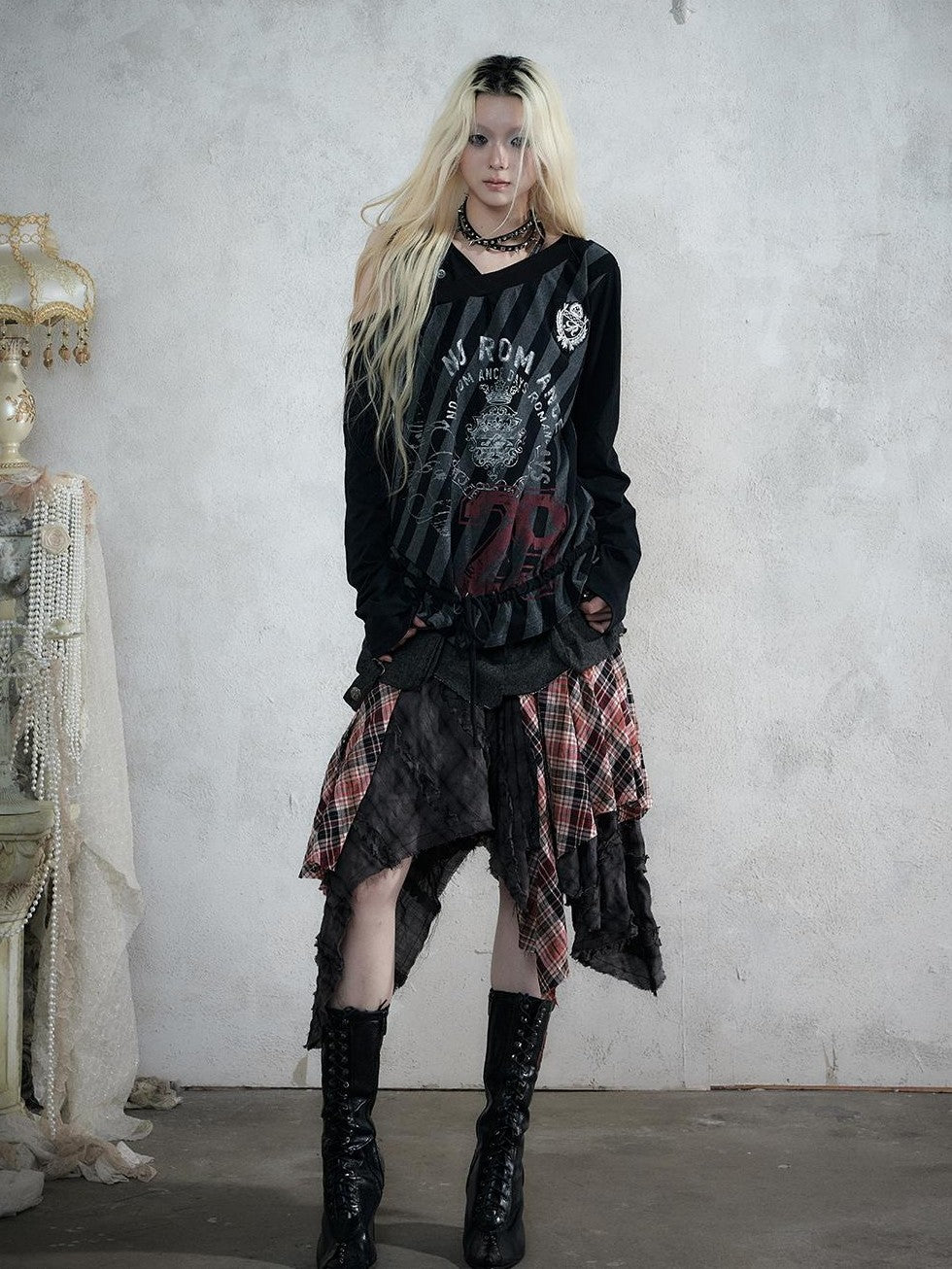 NO ROMANCE Punk Plaid Spliced Raw Hem Asymmetric High Waist Women&
