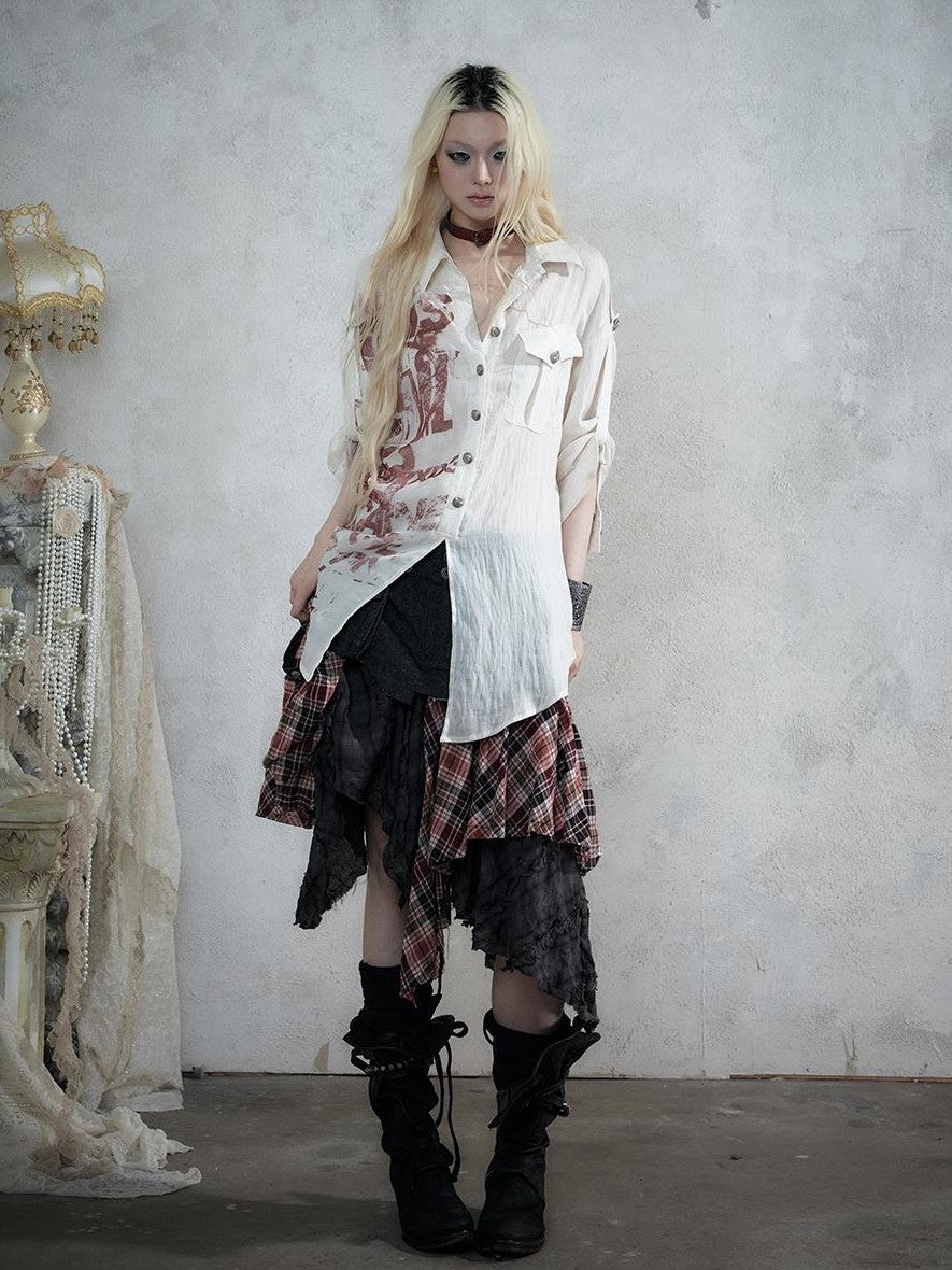 NO ROMANCE Punk Plaid Spliced Raw Hem Asymmetric High Waist Women&