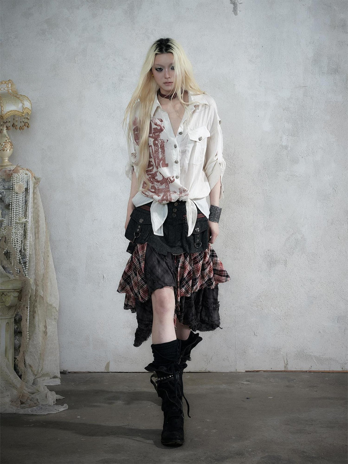 NO ROMANCE Punk Plaid Spliced Raw Hem Asymmetric High Waist Women&