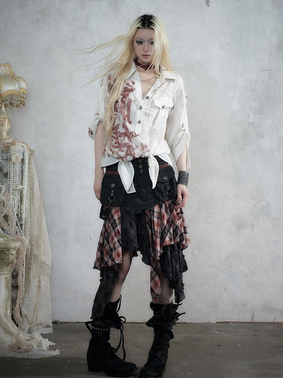 NO ROMANCE Punk Plaid Spliced Raw Hem Asymmetric High Waist Women&