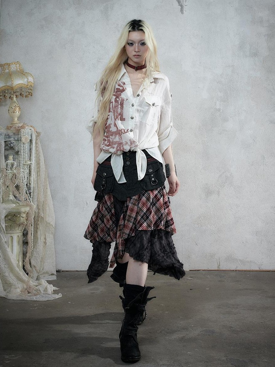 NO ROMANCE Punk Plaid Spliced Raw Hem Asymmetric High Waist Women&