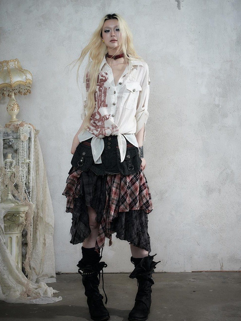 NO ROMANCE Punk Plaid Spliced Raw Hem Asymmetric High Waist Women&