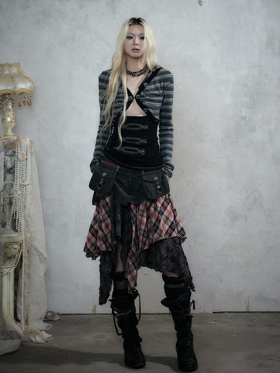NO ROMANCE Punk Plaid Spliced Raw Hem Asymmetric High Waist Women&