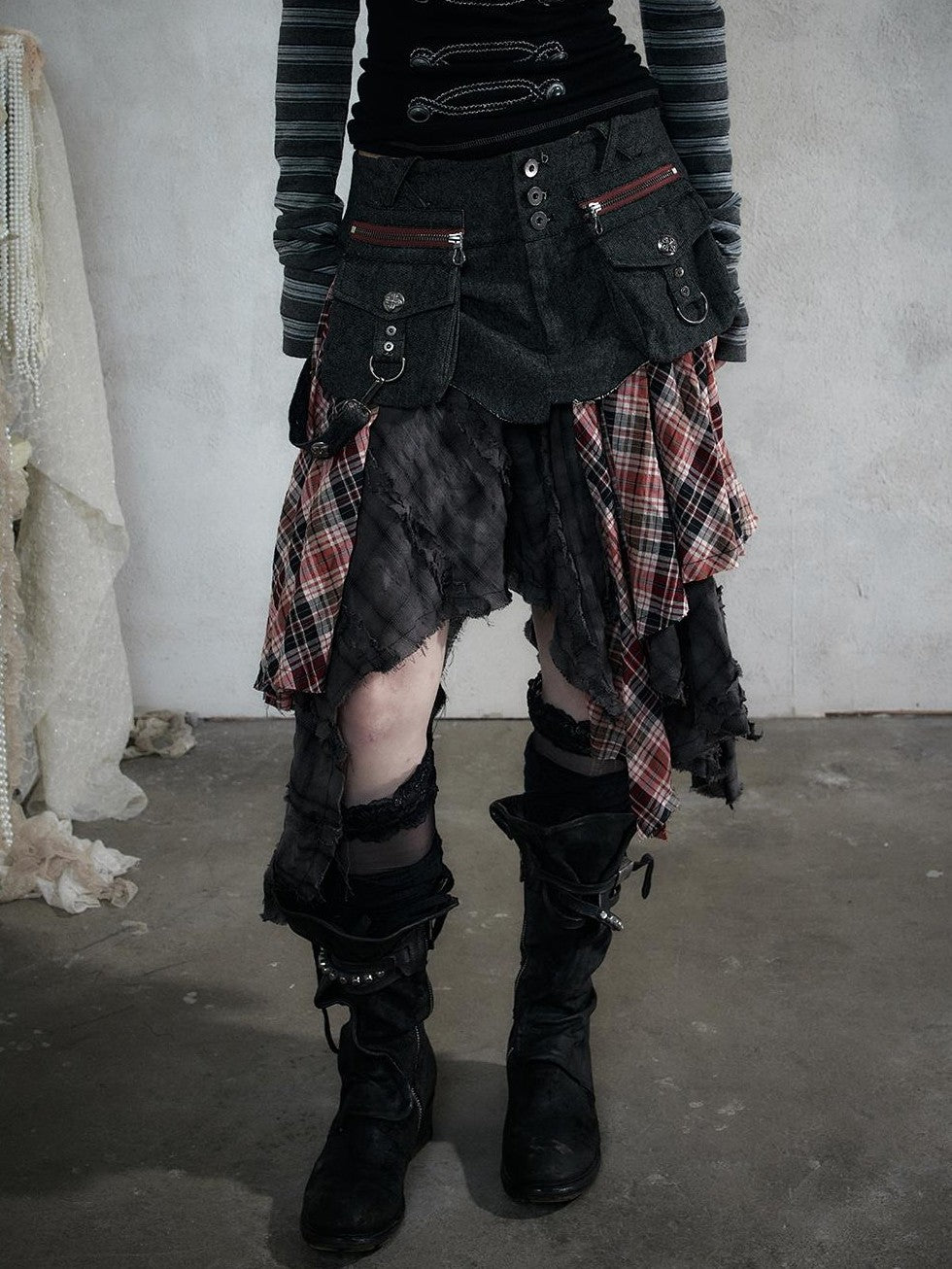 NO ROMANCE Punk Plaid Spliced Raw Hem Asymmetric High Waist Women&