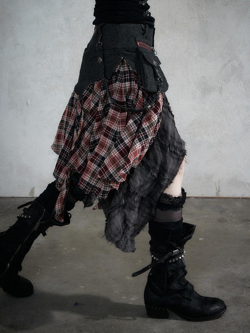 NO ROMANCE Punk Plaid Spliced Raw Hem Asymmetric High Waist Women&