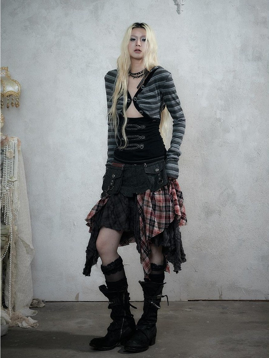 NO ROMANCE Punk Plaid Spliced Raw Hem Asymmetric High Waist Women&