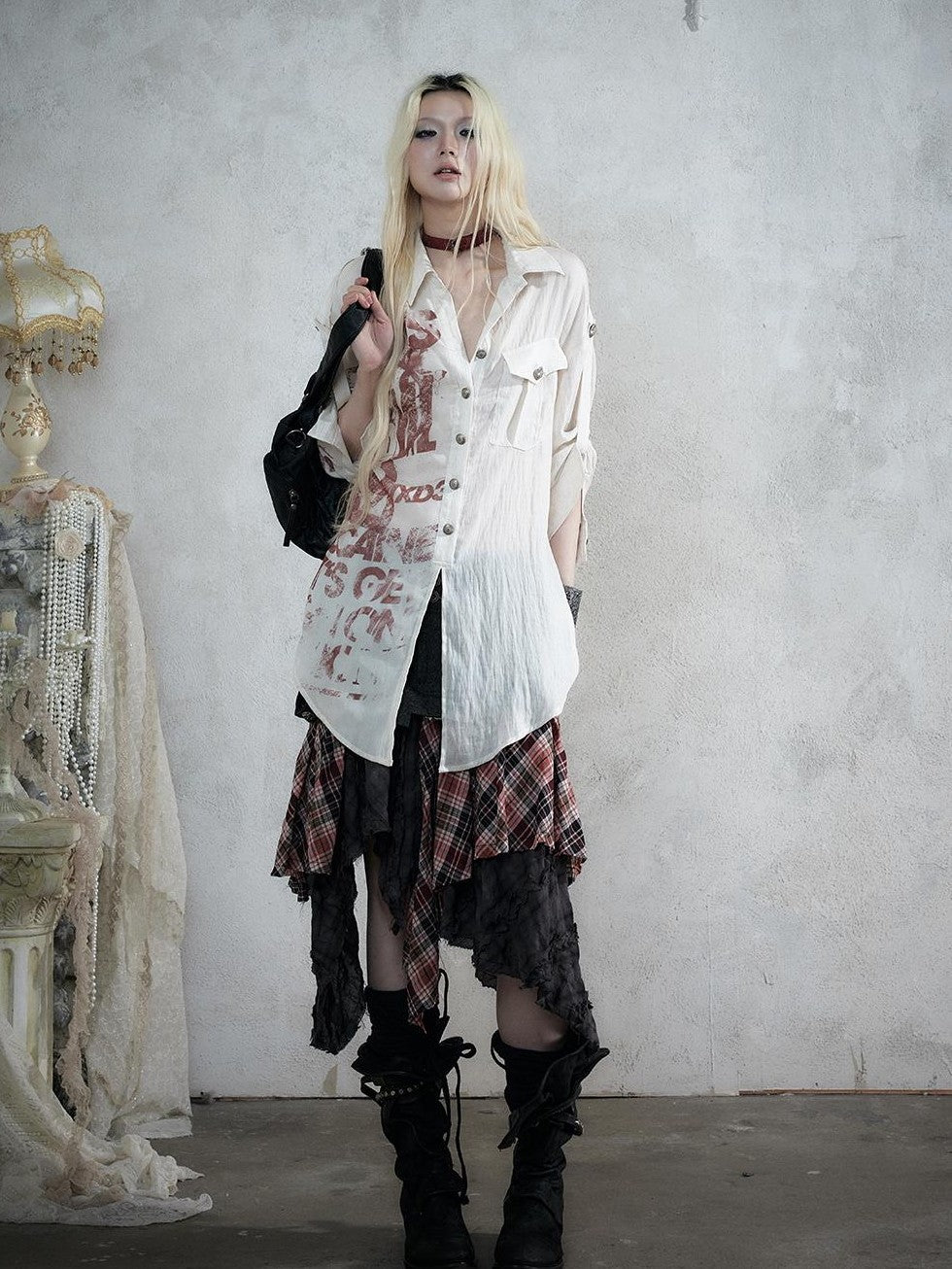 NO ROMANCE Punk Plaid Spliced Raw Hem Asymmetric High Waist Women&