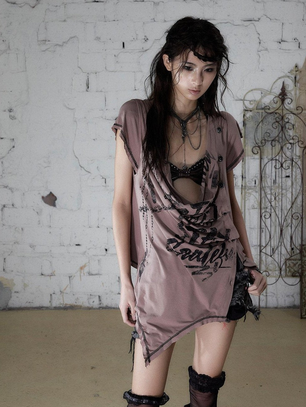 NO ROMANCE Punk Print Irregular Scoop Neck Loose Women&
