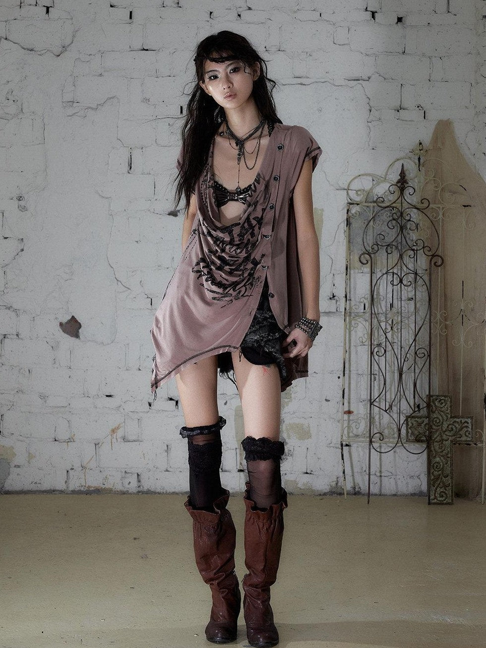 NO ROMANCE Punk Print Irregular Scoop Neck Loose Women&