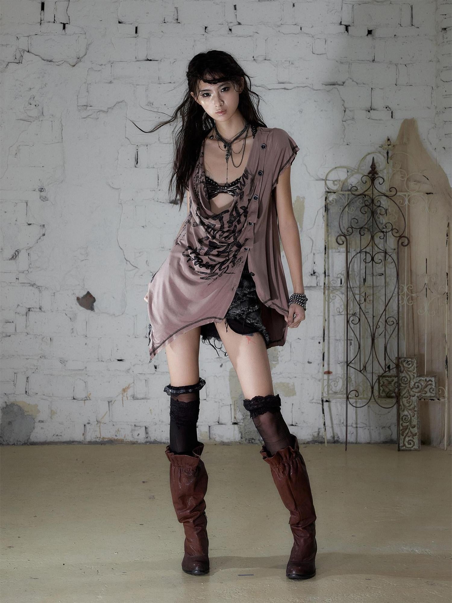 NO ROMANCE Punk Print Irregular Scoop Neck Loose Women&