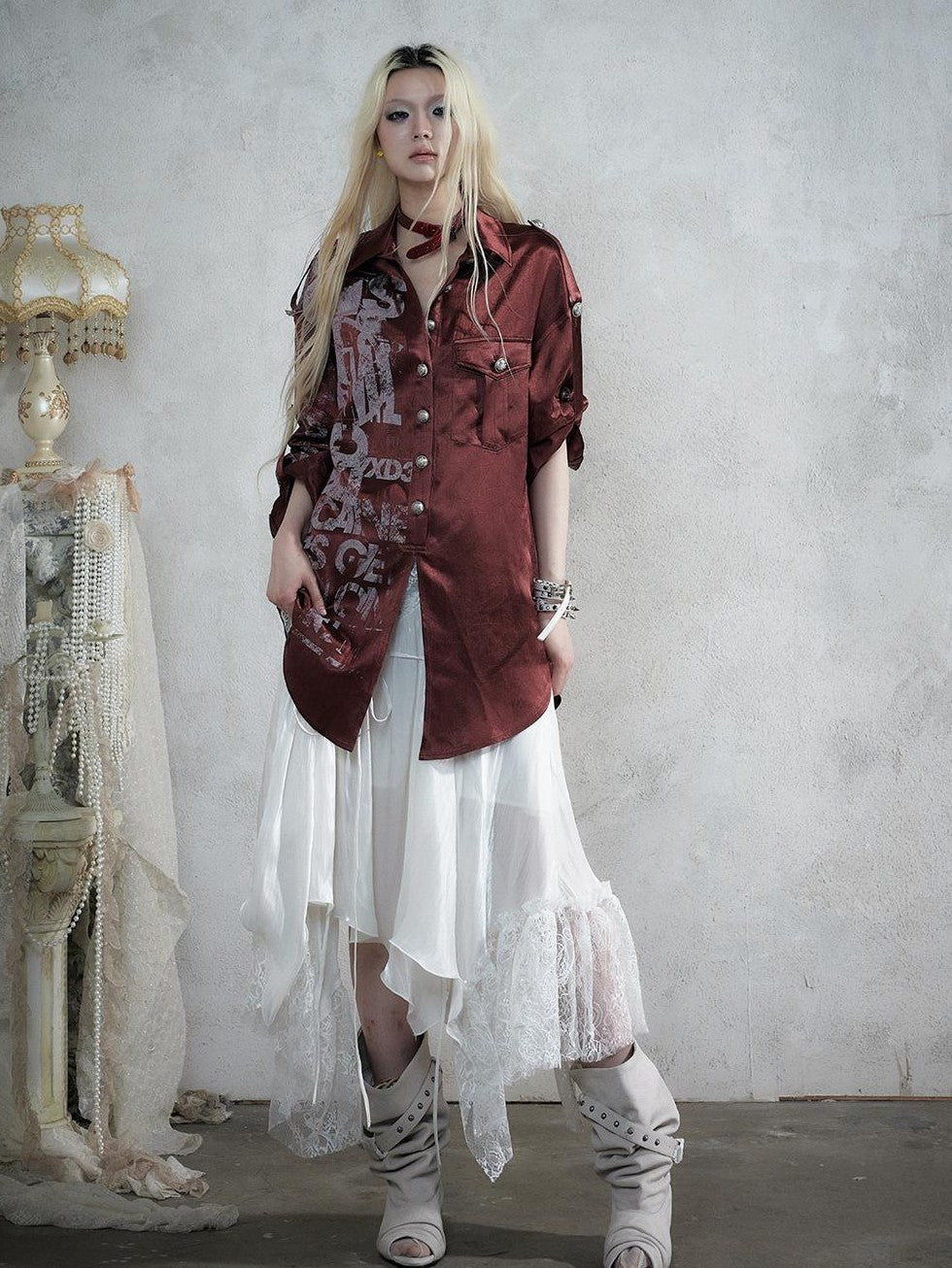 NO ROMANCE Punk Print Patchwork Long Sleeve Lyocell Women&