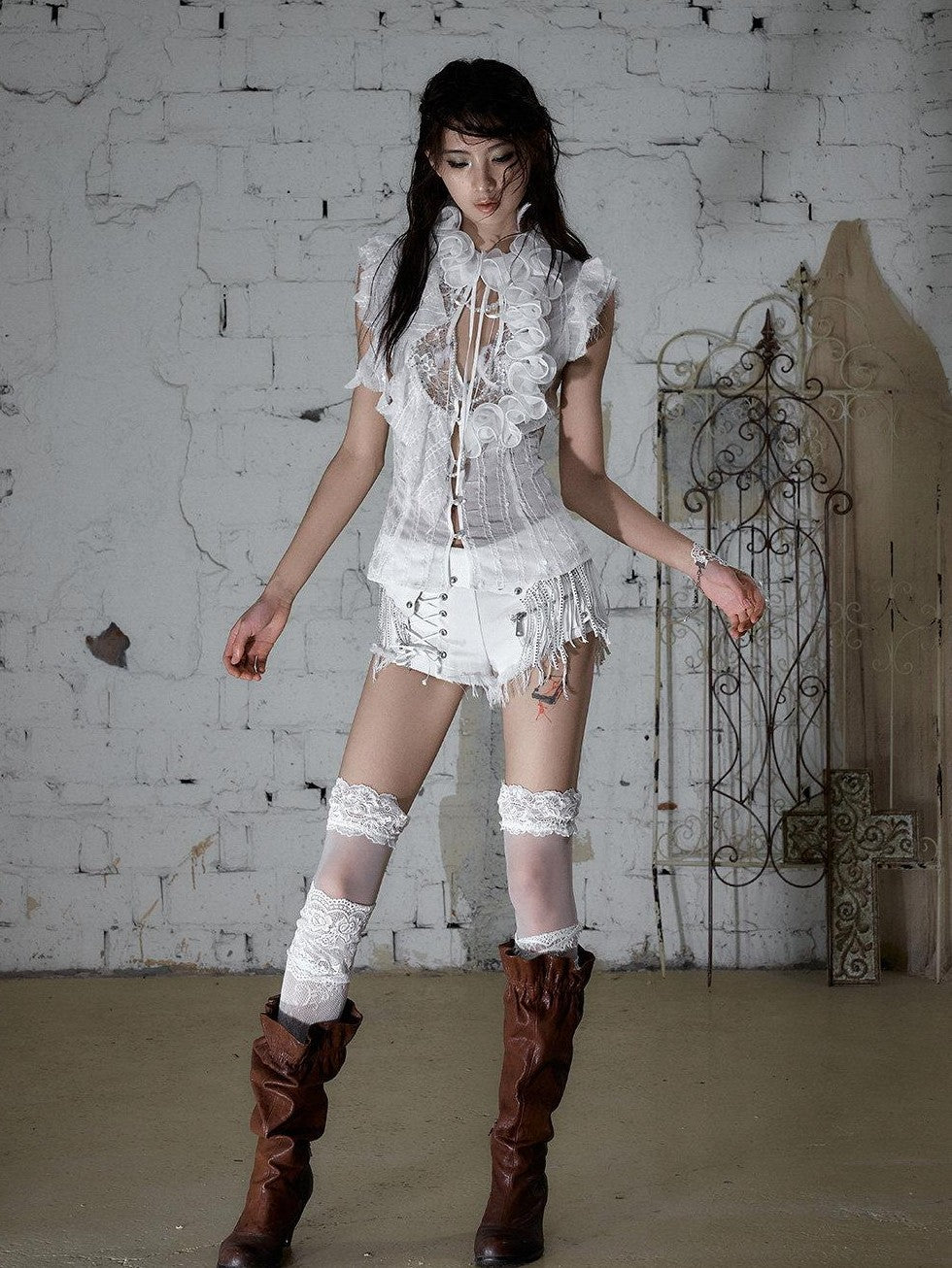 NO ROMANCE Punk Rock Chain Tassel Leather Patch Lace Up Low Waist Women&