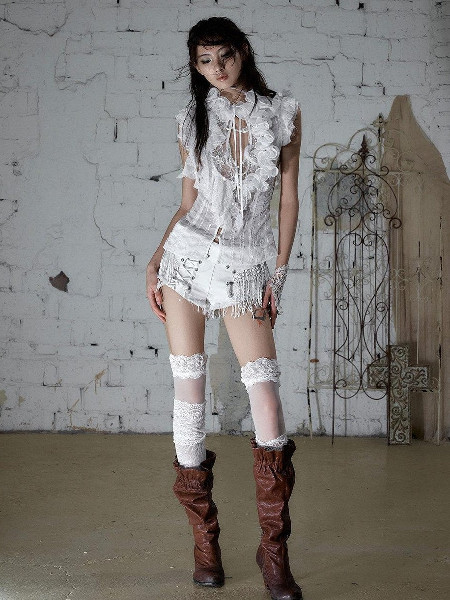 NO ROMANCE Punk Rock Chain Tassel Leather Patch Lace Up Low Waist Women&